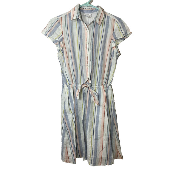 J. Crew Mercantile‎ Dress Women's SMALL Multicolor Striped Collared Tie Front - Picture 1 of 9
